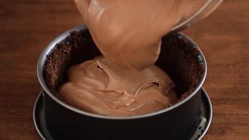 Chocolate Pie Filling Poured Into Chocolate Crust