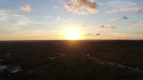 Vista aérea da floresta tropical com palmeiras voltadas para o sol durante o pôr do sol.