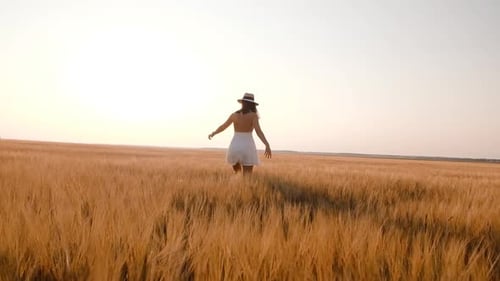 Happy Free Young Woman Dancing and Spinning Around in Slow Motion Across Field Touching Ears of