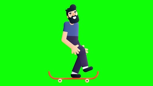 Animated 3D Man Skateboarding on Green Screen Background