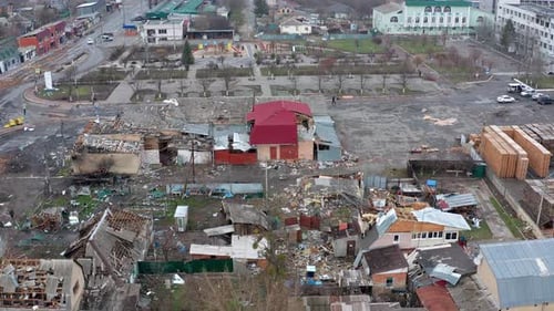 Aerial view of the destroyed and burnt houses. Houses were destroyed by rockets or mines from Russia