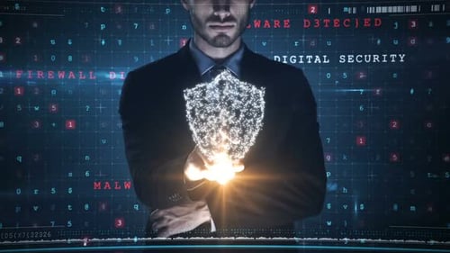 Man Gesturing Over Digital Security Interface