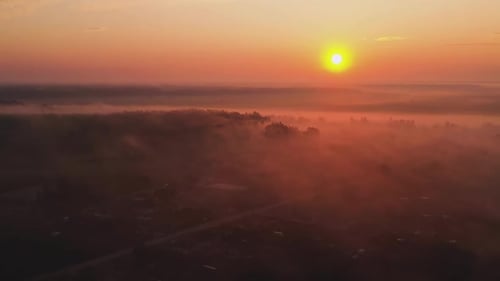 Morning with Fog, Sunrise Over the Field, drone View