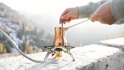 Copper Cezve for Coffee in Autumn Mountains