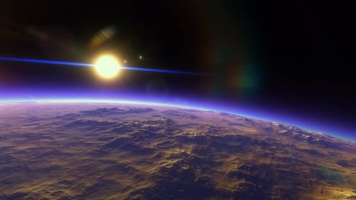 Futuristic Alien Planet Orbit with Sun and Bright Lens Flare