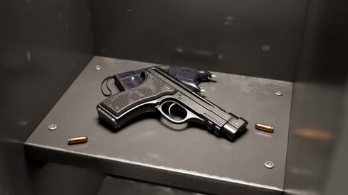 Handfeuerwaffe und Elektroschocker in den Regalen eines metallgrauen Schließfachs in einem Schulflur.