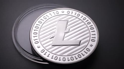Close-up of Silver Litecoin Cryptocurrency Coin