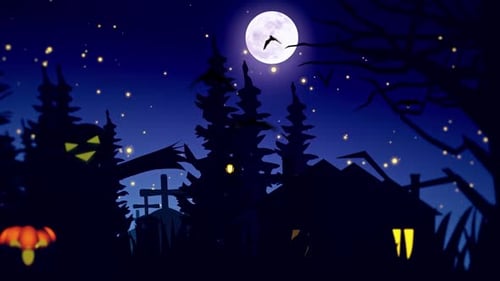 Flat Design Halloween Night Animation with Spooky Landscape