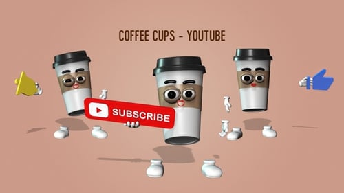 Animated Coffee Cup Character with Social Media Call to Action