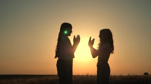 Silhouette, group of happy children playing on meadow, sunset, summertime