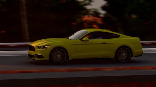 Yellow Luxury Sports Car Moving Forward On Forest Road