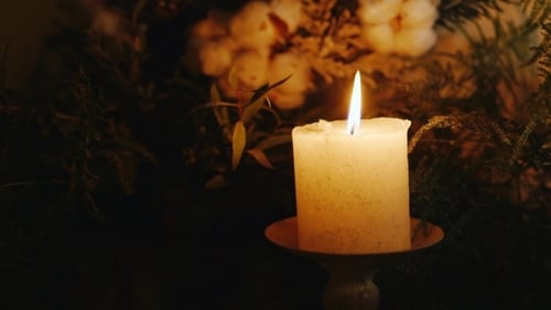 Burning Candle with Elegant Holiday Greens and Cotton