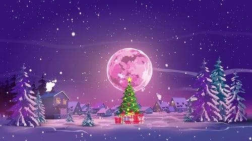 Animated Christmas Night Village with Falling Snow