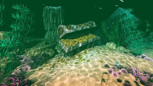 Animated Underwater Treasure Chest with Gold Coins on Ocean Seabed