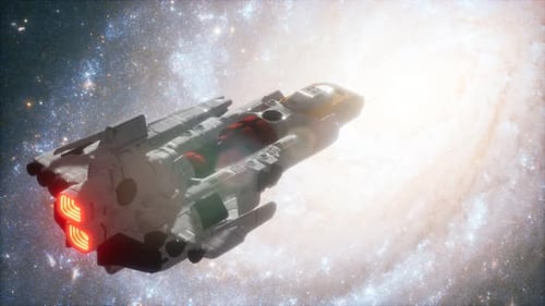 Futuristic Spaceship Flying Through a Vibrant Spiral Galaxy