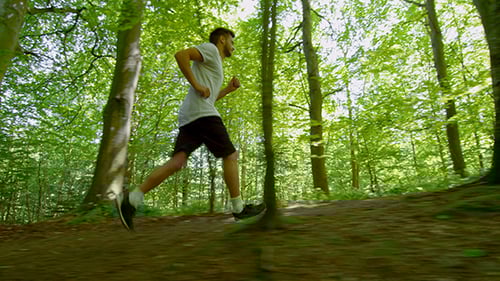Man Running Through Green Forest on Sunny Day