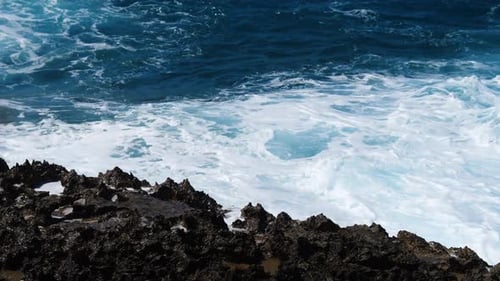 Waves Breaking Over Dangerous Rocks Sea Storm Concept Sunny Daytime Seascape Devastating and