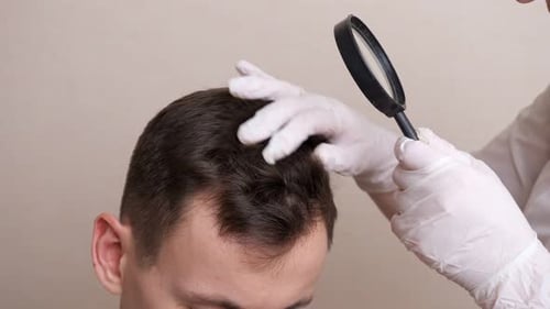 Medical Exam of Hair and Scalp with Magnifying Glass