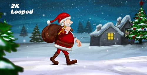 Santa Claus Walking Through a Snowy Christmas Village