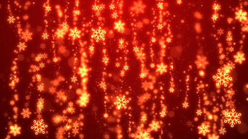 Glowing Golden Snowflakes Falling on a Festive Red Christmas Background