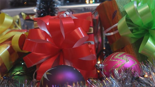 Festive Christmas Ornaments and Brightly Wrapped Gifts