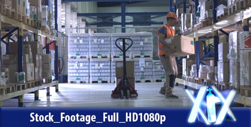 Warehouse Worker Pushing Pallet Truck With Boxes