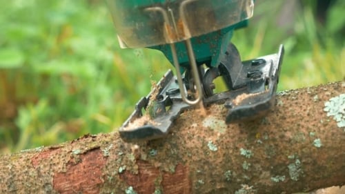 Processing Log Of Wood With Electric Jigsaw