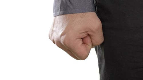 Hand clenching into a fist on white background