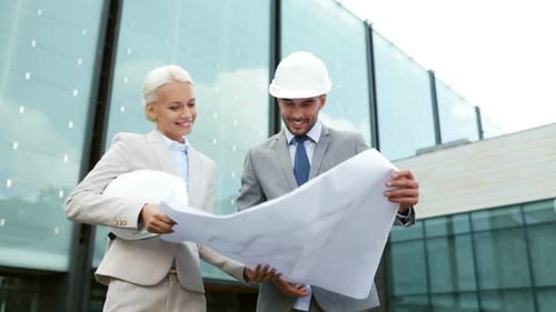Architects Reviewing Plans at Modern Building Site