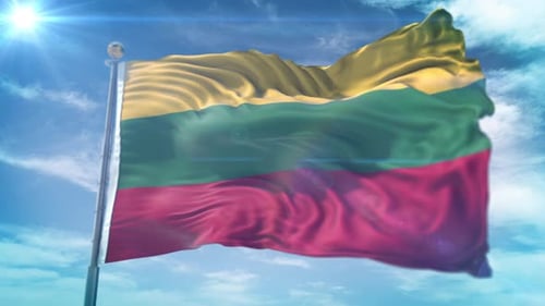 Realistic Lithuania Flag Waving Against Sunny Sky Background