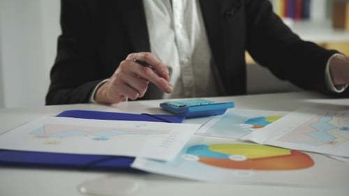 Business Person Calculates Data Using Graphs and Calculator