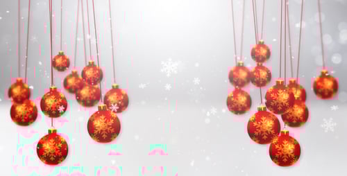 Animated Red Christmas Ornaments with Falling Snowflakes Background