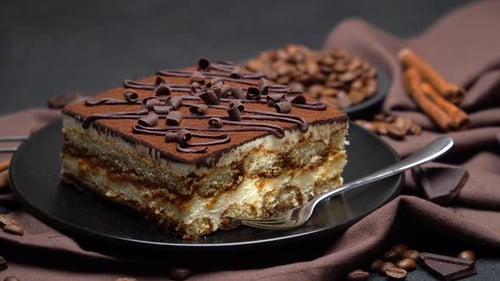 Tiramisu Dessert Presented on Dark Background