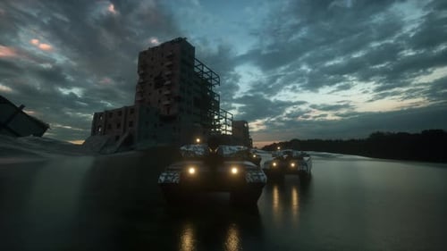 Group of Heavy Military Tanks Moving through street of destroyed city at sunset