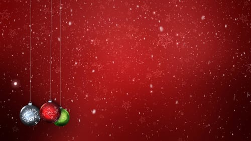 Christmas Baubles Hanging with Falling Snow and Stars