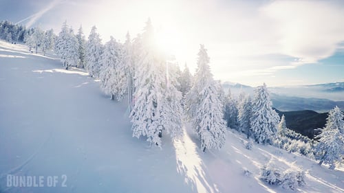 Skiers Descending Snow-Covered Mountain on a Sunny Winter Day
