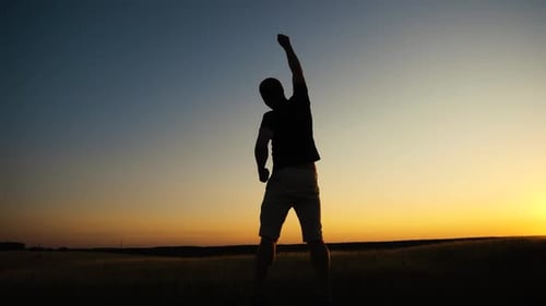 Winner concept: Silhouette of champion man on golden sunset background
