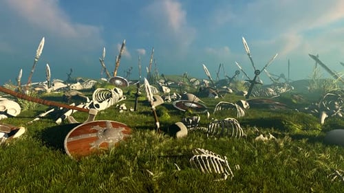 Ancient Battlefield Aftermath: Skeletons, Shields, and Weapons on Grassy Field