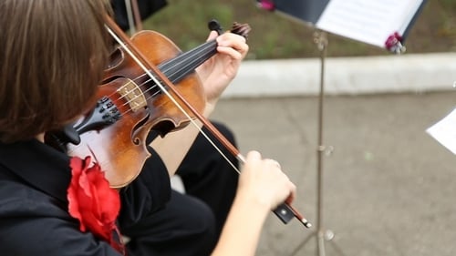 Violinist Plays at Outdoor Urban Wedding Ceremony