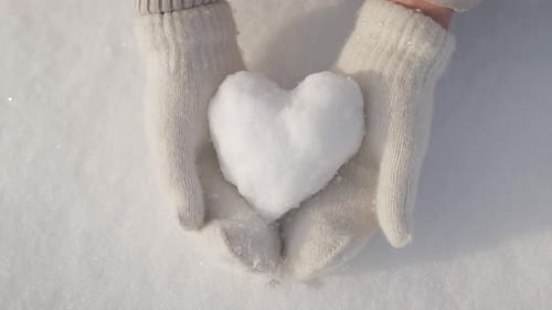 Hands Holding Snow Heart in Winter Sunlight