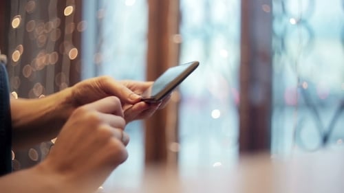 Woman Hands Texting, Using Smartphone In Cafe.