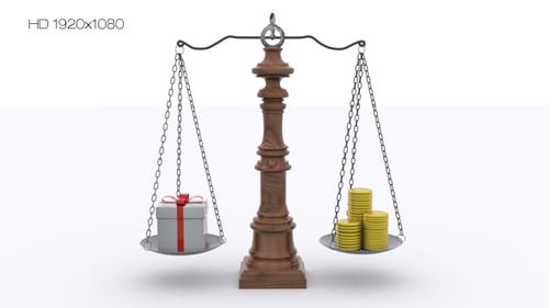 Gift Box and Gold Coins on Balance Scale Concept