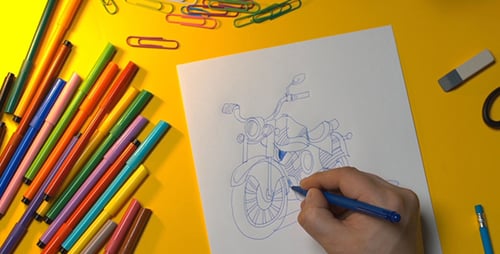 Motorcycle Drawing on Desk, Yellow Background