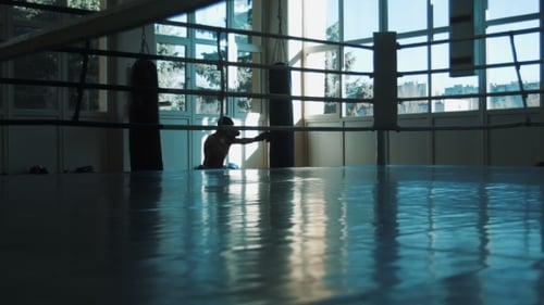 Silhouette Of Young Boxer Training With Punching Bag