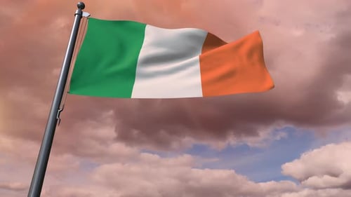 Waving Flag of Ireland Against Cloudy Dramatic Sky