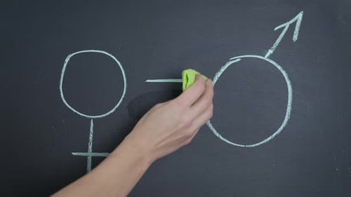 Erasing Gender Symbols Drawn on Chalkboard