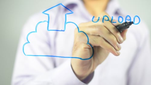 Hand Drawing Cloud Upload Diagram with Blue Pen