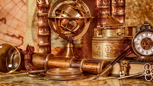 Vintage Still Life with Brass Telescope and Watch