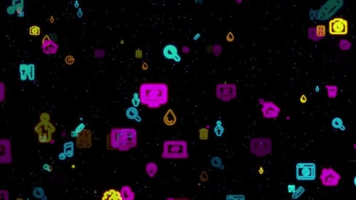 Glowing Neon Technology Icons Digital Background