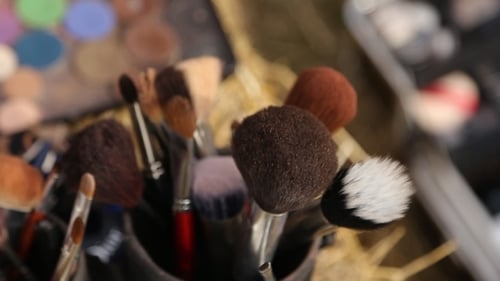 Close Up of Makeup Brushes and Eye Shadow